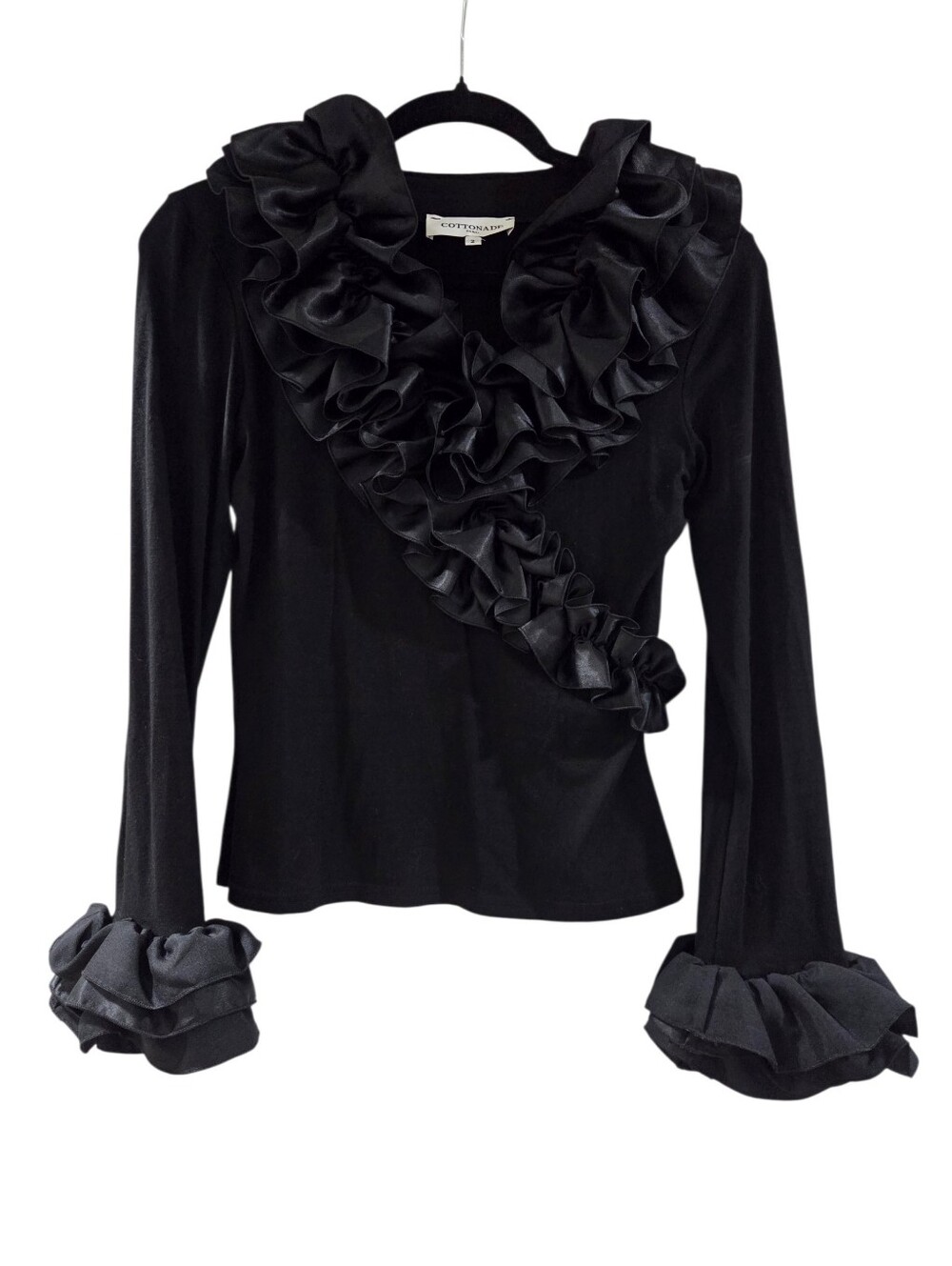 Cottonade Paris Black Cascading Ruffle Long Sleeve Top Size 2 - Picture 6 of 9